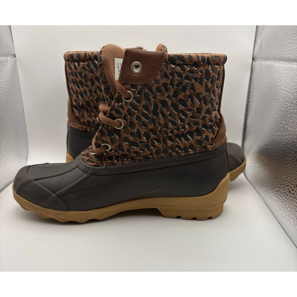 Sperry Saltwater Leopard Print Duck Boots Brown Kids Girls Waterproof Shoes - Picture 9 of 11